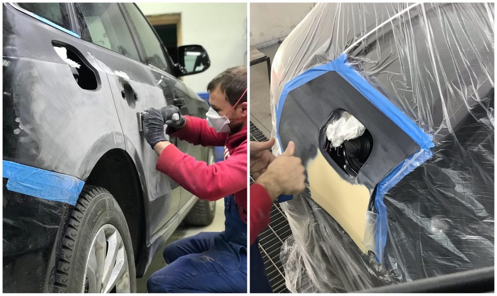Мастер КУЗОВПОРТа готовит заднее крыло Audi Q5 к покраске после ремонта вмятины